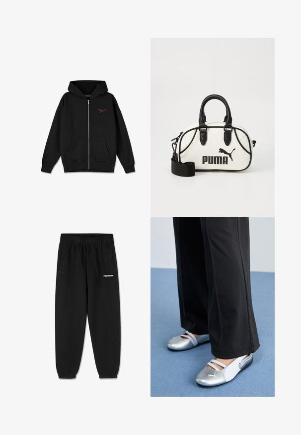 Sudadera con cremallera negra que cuenta con un bolsillo frontal, puños de canalé y un logo rosa bordado en el lado izquierdo del pecho. Fabricada en un tejido suave.; Camiseta de algodón gris con mangas cortas, que presenta un cuello redondo y un pequeño logo blanco "PEGADOR" en el frente. Textura suave, ajuste relajado.; Pantalones de chándal negros hechos de un tejido suave, con una cintura ajustable con cordón, piernas estrechas y bolsillos laterales. Logo "PEGADOR" en blanco en la parte frontal.; Zapatos planos plateados y blancos con cintas cruzadas y detalles texturizados, complementados con pantalones negros holgados. Colocados sobre un suelo azul.; Bolso blanco con detalles en negro, con logo de Puma. Asa corta y redondeada y una correa desmontable, fabricado en material sintético texturizado.