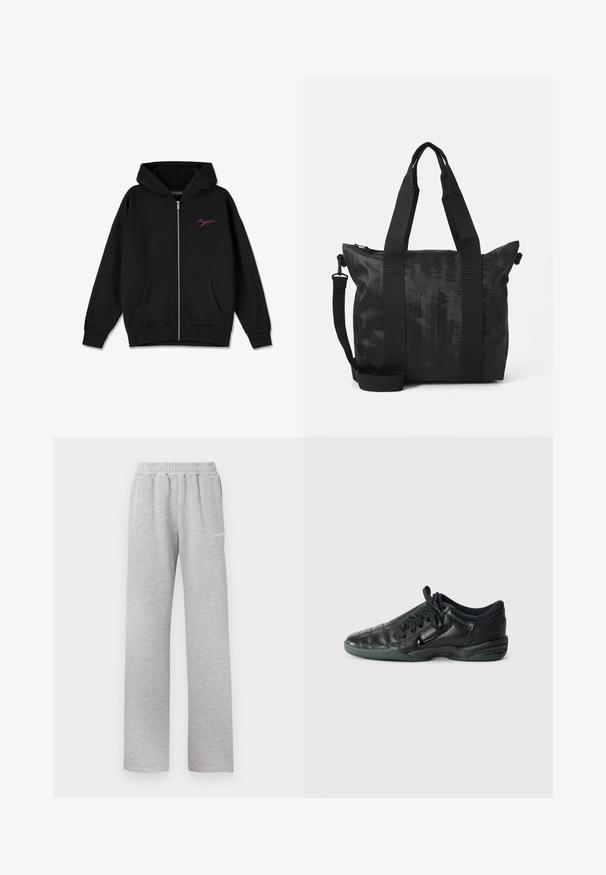 Felpa nera con zip, dotata di tasca frontale, polsini a costine e logo ricamato rosa sul lato sinistro del petto. Realizzata in tessuto morbido.; Maglietta bianca a maniche corte in cotone, con collo rotondo e una stampa nera centrata della parola "Pegador" sul davanti.; Pantaloni della tuta grigio chiaro con vita elasticizzata, design a gamba dritta e un piccolo logo bianco sulla coscia sinistra. Tessuto morbido e strutturato.; Scarpa sportiva in pelle nera con un design trapuntato, punta rotonda, allacciatura frontale e suola in gomma. Presenta un marchio discreto sul lato.; Borsa tote nera con tessuto texturizzato, doppi manici superiori e tracolla rimovibile. Presenta una chiusura con zip per una conservazione sicura.