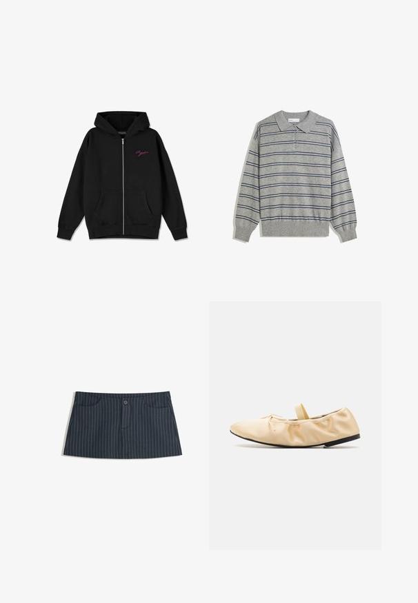 Crna dukserica na zatvarač s prednjim džepom, rebrastim manžetama i izvezenim ružičastim logotipom na lijevoj strani grudi. Izrađena je od mekanog materijala.; Siva dugmadna polo majica dugih rukava s ovratnikom, s tamnoplavim horizontalnim prugama i dugmadi na ovratniku. Mekani materijal.; Tamno plava suknja mini s prugicama, s prednjim džepovima i jednim dugmetom za zatvaranje u struku.; Proenza Schouler GLOVE BALLET FLATS - Balerinke s trakom oko gležnja - light/pastel yellow