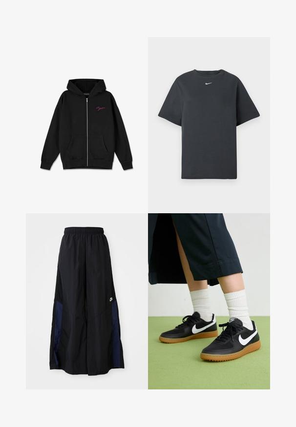 Černá zipová mikina s kapucí, která má přední kapsu, žebrované manžety a vyšívané růžové logo na levé části hrudi. Vyrobena z měkké látky.; Černé bavlněné tričko s klasickým výstřihem a krátkým rukávem. Na hrudi je malé bílé logo Nike. Rovný střih a ležérní design.; Černé kalhoty širokého střihu vyrobené z lehkého materiálu, s námořnickou modrou bočním panelem a elastickým pasem. Malé bílé logo na spodní části.; Černé kožené a syntetické tenisky s bílým logem Nike, gumovou podrážkou, kulatou špičkou a černými tkaničkami. Viditelné žebrované bílé ponožky.