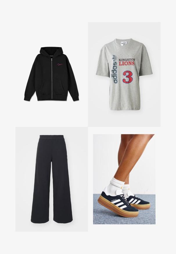 Corta-ventos preto com fecho, apresentando um bolso à frente, punhos canelados e um logotipo rosa bordado no lado esquerdo do peito. Feito de tecido macio.; Camiseta de algodão cinza com o logotipo "adidas", o texto "KINGSTON LIONS" em vermelho e preto, e um grande gráfico vermelho "3" na parte da frente. Mangas curtas.; Calças de fato largas, pretas, feitas de tecido macio, com uma cintura elástica e um pequeno logótipo do lado esquerdo.; Ténis de camurça preta com riscas e detalhes brancos, biqueira arredondada, sola em borracha cor de goma, combinados com meias brancas caneladas até à altura do tornozelo.