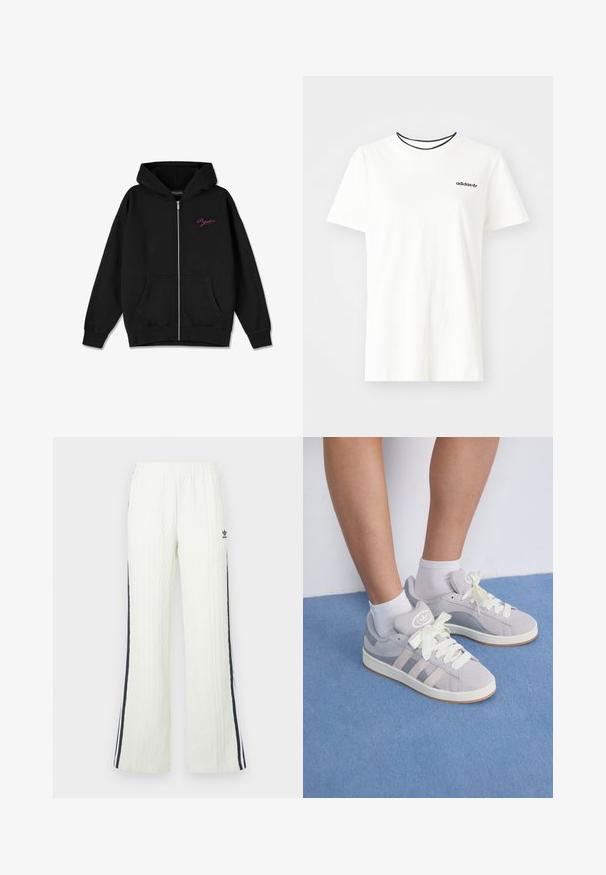 Čierna mikina na zips so predným vreckom, rebrovanými manžetami a vyšitým ružovým logom na ľavej hrudi. Vyrobená z mäkkej tkaniny.; Biela bavlnená tričko s krátkymi rukávmi a okrúhlym výstrihom. Obsahuje čierne logo Adidas na hrudi a kontrastný čierny vnútorný golier.; Svetlokrémové nohavice s vrúbkovaným vzorom a rozšíreným strihom. Majú tmavomodré bočné pruhy a logo Adidas na bokoch. Elastický pás.; Sivé semišové tenisky s bielymi šnúrkami a gumovou podrážkou, s tromi diagonálnymi pruhmi na boku a logom na jazyku.
