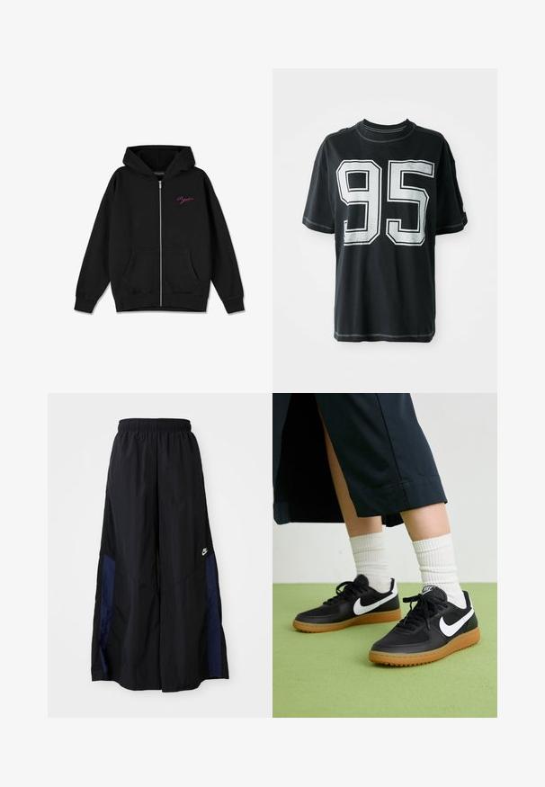Černá zipová mikina s kapucí, která má přední kapsu, žebrované manžety a vyšívané růžové logo na levé části hrudi. Vyrobena z měkké látky.; Černé bavlněné tričko s krátkým rukávem, na přední straně s bílým potiskem čísla "95" a kontrastním šitím podél okrajů.; Černé kalhoty širokého střihu vyrobené z lehkého materiálu, s námořnickou modrou bočním panelem a elastickým pasem. Malé bílé logo na spodní části.; Černé kožené a syntetické tenisky s bílým logem Nike, gumovou podrážkou, kulatou špičkou a černými tkaničkami. Viditelné žebrované bílé ponožky.