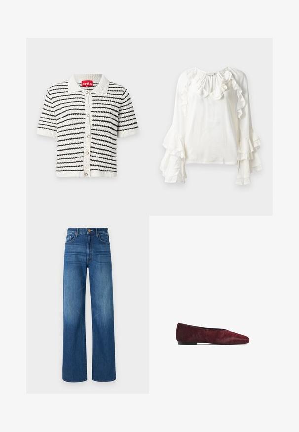 Lühikeste varrukatega kardigan must-valge triibuline muster, valmistatud tekstuuriga kudumist, millel on krae ja esine nupuga sulgemine.; Copenhagen Muse NORMA - Pluus - jet stream; Mother THE LASSO SNEAK - Avar lõikega teksad - dark blue denim; Tumedas punases balletkingades, valmistatud karvahõlmest. Omab teravat varvast ja lamedat musta talla, näidates sujuvat tekstuuri.