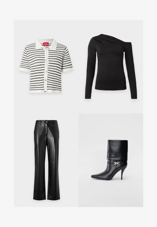 Cardigan cu mânecă scurtă, cu un model dungi alb-negru, fabricat dintr-un material tricotat texturat, având guler și închidere cu butoane pe față.; Top negru cu mâneci lungi și decolteu asimetric, având un umăr expus și drapaj delicat pe piept.; Pantaloni din piele neagră cu un design drept, având închidere frontală cu nasture, tivuri pentru curea și o textură netedă, lucioasă.; Botine negre din piele, cu vârf ascuțit, toc înalt și subțire, cu manșetă pliată și un detaliu decorativ cu cataramă aurie la gleznă.