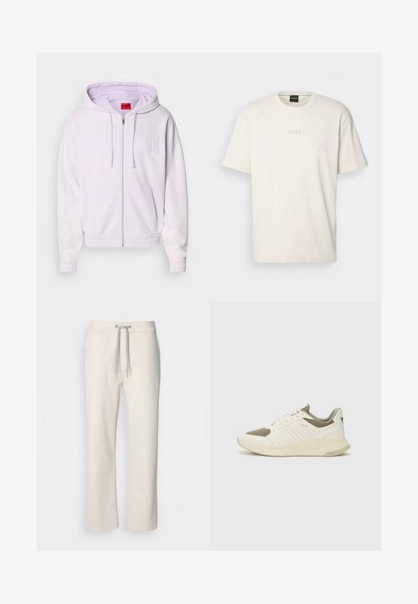 Lilla zip-up hettegenser med elastiske mansjetter og nederkant, med det broderte logoet "HUGO" på brystet og snor i hetta. Mykt, strukturert stoff.; BOSS TEE - T-shirts - open white; Kremfargede kosebukser med snor i livet og rette ben, vist mot en enkel hvit bakgrunn.; Hvit og lysebeige treningssko, med en mesh-overdel, perforerte detaljer og en teksturert mellomsåle med merkevare på hælen.