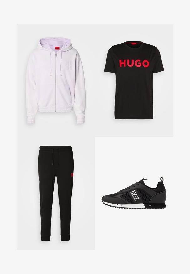 Ljubičasta dukserica sa zatvaranjem na rajsferšlus, s elastičnim manžetama i donjim rubom, koja ima izvezeni logo "HUGO" na grudima i kapuljaču sa vezicom. Mekana, teksturirana tkanina.; Crna pamučna majica s istaknutim crvenim "HUGO" tekstom na prednjoj strani, kratkim rukavima, okruglim izrezom i opuštenim krojem.; Crne trenirke od mekanog materijala, s elastičnim pojasom, slim fit krojem i crvenom logotip om na lijevom bedru.; EA7 Emporio Armani Tenisice - black/white