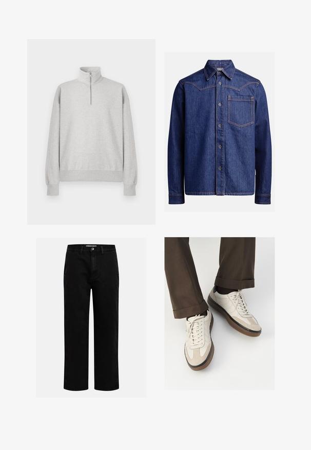 Világosszürke, zipzáros pulóver magas gallérral, bordás mandzsettával és aljjal. Puha, texturált anyagból készült, laza fazonú.; Sötétkék farmer hosszú ujjú ing hegyes gallérral, gombos elülső résszel, mellzsebbel és kontrasztos narancssárga varrással.; Fekete farmernadrág egyenes szabással, klasszikus öt zsebes kialakítással és gombos derékkal. Simább textúra és tartós anyag.; Beige sportcipők, texturált velúr elülső résszel, sima bőr oldalakkal és barna gumitalppal. Fűzők és világos varrási részletek is megtalálhatók.