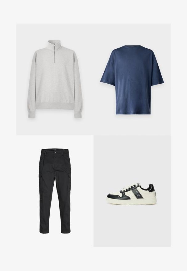 Light grey zip-up sweatshirt with a high collar, ribbed cuffs, and hem. Made from soft, textured fabric with a relaxed fit.; Navy blue short-sleeve T-shirt, made of soft fabric, features a classic crew neck and relaxed fit, with no visible patterns or accents.; Black cargo pants made of sturdy fabric, featuring multiple pockets, a button closure, and a slim fit design with tapered legs.; Leather sneakers with a black and cream color scheme, featuring perforated accents, a padded collar, and a textured outsole.