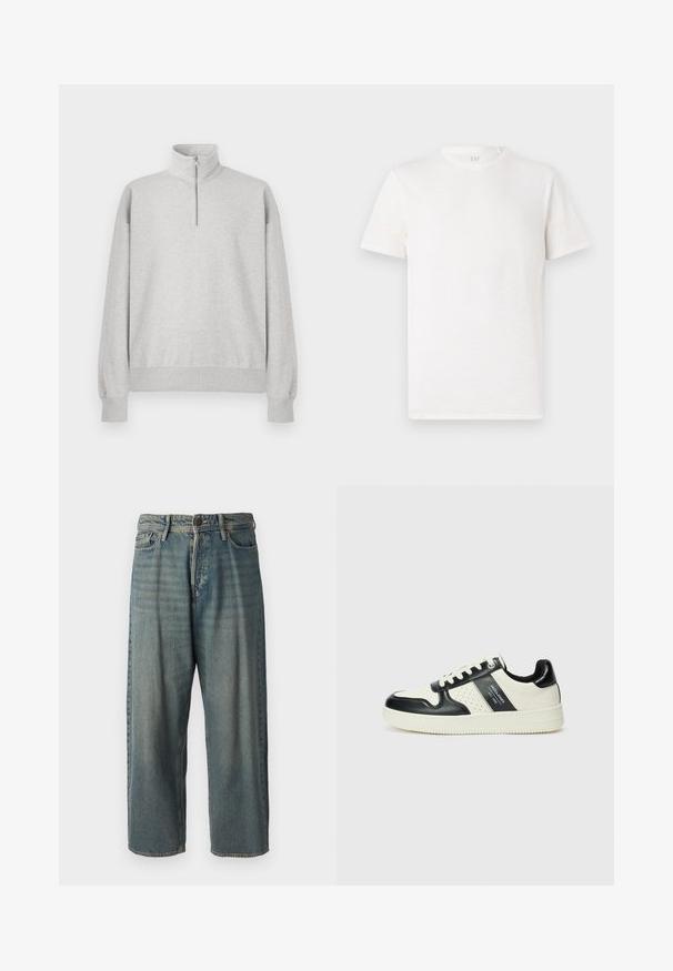 Svetlošedá mikina na zips s vysokým golierom, rebrovanými manžetami a spodným okrajom. Vyrobená z mäkkého, textúrovaného materiálu s voľným strihom.; Tričko s krátkym rukávom a okrúhlym výstrihom v slonovinovej farbe, vyrobené z mäkkej bavlnenej zmesi s jemne textúrovaným povrchom a bez viditeľných vzorov či akcentov.; Svetlomodré denimové nohavice so voľným strihom, stredne vysokým pásom a rovnými nohavicami. Obsahujú päť vreciek, pútka na opasok a zapínanie na gombík.; Kožené tenisky v čierno-krémovej farbe, s perforovanými akcentmi, polstrovaným golierom a štruktúrovanou podrážkou.
