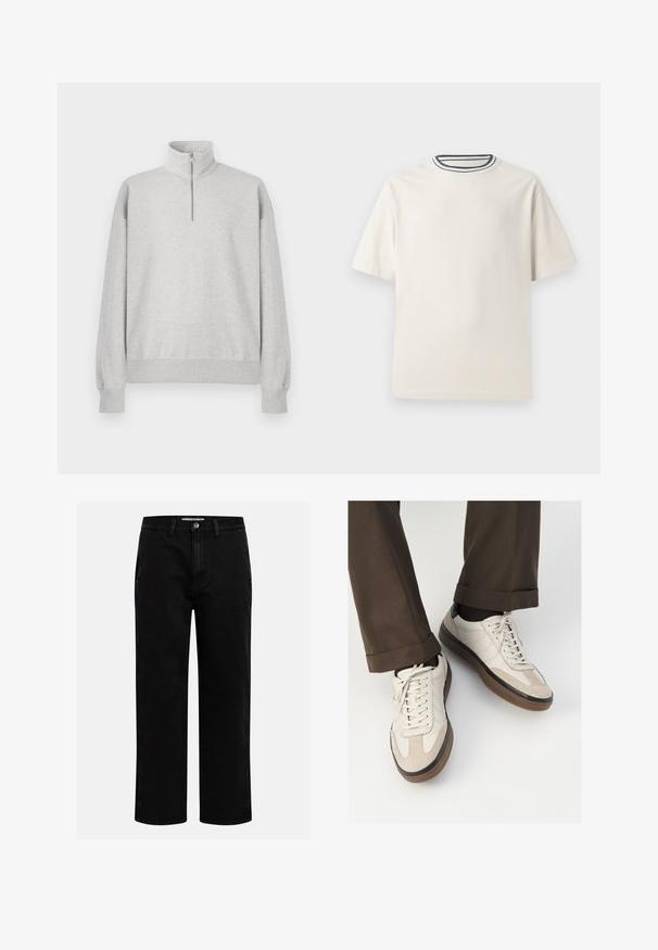 Sweatshirt de zíper cinza claro com gola alta, punhos e bainha canelados. Feito de um tecido macio e texturizado com um ajuste descontraído.; T-shirt de algodão em cor creme com mangas curtas, apresentando um decote redondo realçado por listras em azul-marinho e branco. Textura suave, corte descontraído.; Calças de ganga pretas com corte reto, design clássico de cinco bolsos e fecho de botão na cintura. Textura suave e tecido durável.; Tênis bege com frente em camurça texturizada, lados em couro liso e sola em borracha marrom. Inclui cadarços e detalhes de costura clara.