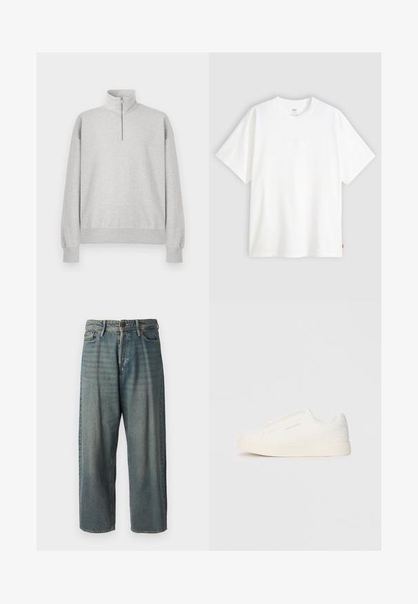 Sweatshirt zippé gris clair avec un col montant, des poignets et un ourlet côtelés. Fabriqué dans un tissu doux et texturé avec une coupe décontractée.; T-shirt blanc à manches courtes en coton avec col rond. Présente un détail de logo en relief discret à l'avant et une étiquette rouge à l'ourlet.; Jeans en denim bleu clair avec une coupe ample, taille mi-haute et jambes droites. Comprend cinq poches, des passants de ceinture et une fermeture à bouton.; Baskets blanches sans lacets avec une surface texturée, une semelle épaisse et un design minimaliste. Présente le logo de la marque sur le côté.
