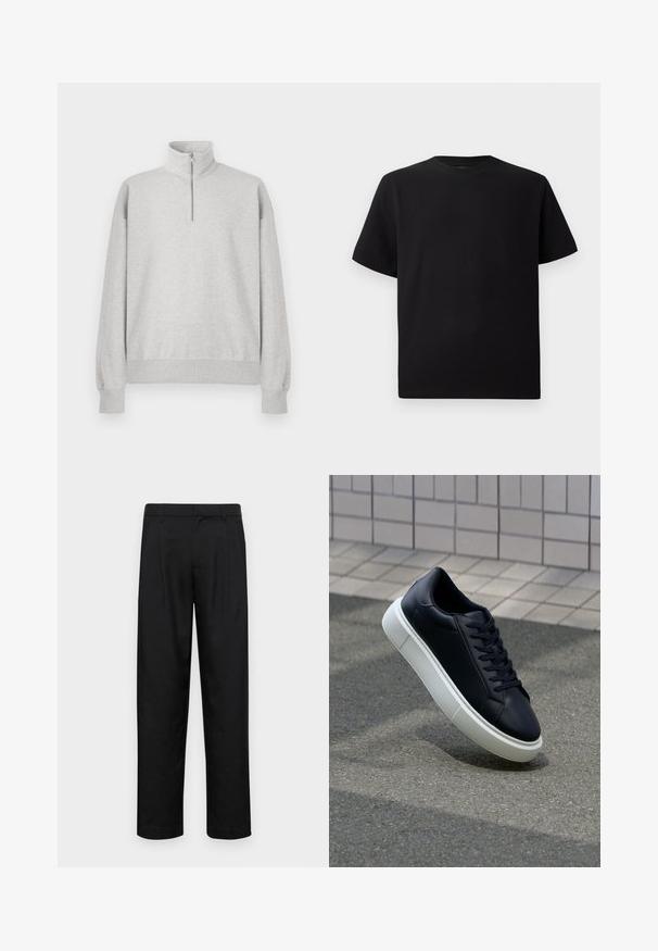 Gai pelēks kapuces džemperis ar augstu apkakli, ribotām piedurknēm un apakšmalu. Izgatavots no mīksta, strukturēta auduma ar brīvu piegriezumu.; Melnās īsām piedurknēm T-krekls no teksturēta auduma, ar apaļu kakla izgriezumu un brīvu piegriezumu. Vienkāršs, bez rakstiem vai akcentiem.; Melnas bikses, izgatavotas no gludas auduma, ar taisnu kāju dizainu, divām priekšējām krokām un standarta jostu, kurai ir āķi.; Melnas ādas kedas ar noapaļotu pirkstu un baltu gumijas zoli. Iespējas - plakanas šņorītes un minimāla apdare augšdaļā. Struktūrēta zole, lai nodrošinātu saķeri.