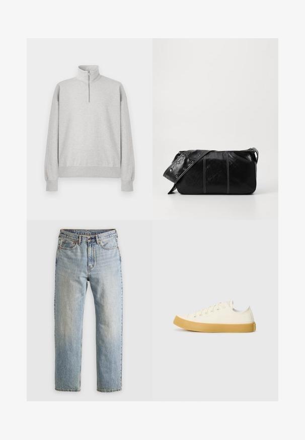 Light grey zip-up sweatshirt with a high collar, ribbed cuffs, and hem. Made from soft, textured fabric with a relaxed fit.; Plain light gray short-sleeve crew neck T-shirt displayed on a white background, front view with no visible logos or designs.; Light blue denim jeans with high waist, front button, zipper, and five-pocket design, laid flat on a neutral background.; Canvas sneakers in off-white with a round toe, featuring beige rubber soles and five eyelets for laces, textured finish on the upper.; Black leather shoulder bag with a zip closure, featuring a textured body, white stitching, and a strap with silver grommets.