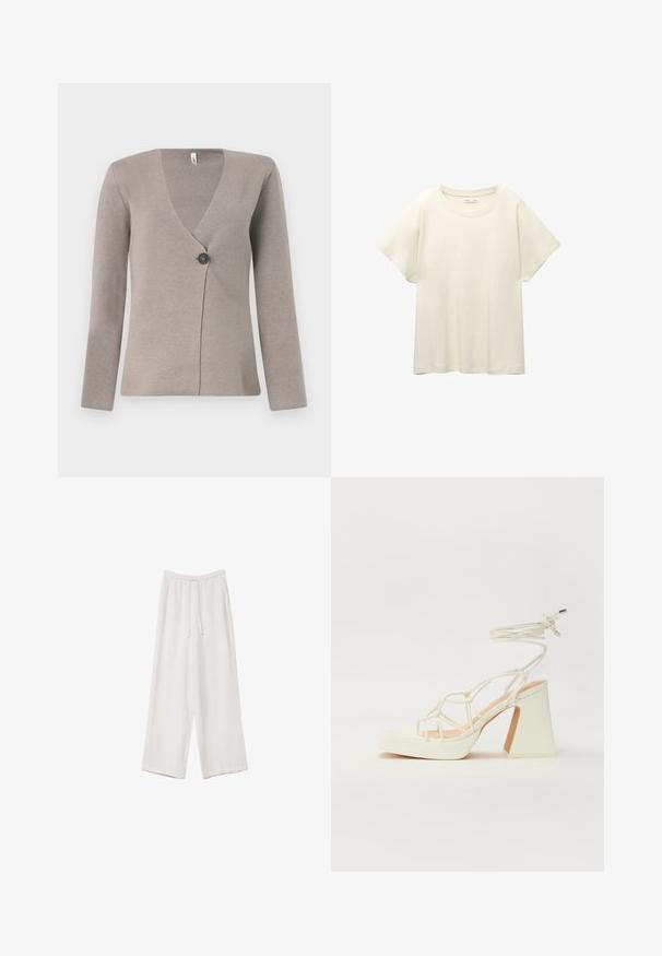 Jasnoszary kardigan z długimi rękawami, dekoltem w szpic i jednym ciemnym guzikiem z przodu, wykonany z teksturowanego materiału dzianinowego.; Jasno beżowa, krótko rękawowa koszulka z okrągłym dekoltem, wykonana z miękkiego, gładkiego materiału. Posiada luźny krój i prosty dół.; Białe spodnie o szerokich nogawkach wykonane z lekkiego materiału. Posiadają elastyczny pas z sznurkiem i boczne kieszenie. Gładka tekstura.; Biała sandał na wysokim obcasie z masywnym słupkiem, z paskowym wzorem i wiązaniem przy kostce. Gładka faktura z platformą z przodu dla dodatkowej wysokości.