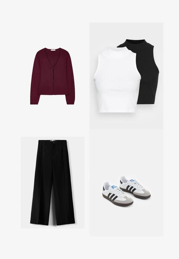 Burgundy knitted cardigan with a V-neck, long sleeves, and front button closure. Smooth texture with a fitted design.; Two sleeveless ribbed turtleneck tops in black and white, featuring a fitted design and smooth texture, with cropped length.; Black wide-leg trousers made of lightweight fabric, featuring a front button closure and flat front, with neatly stitched hems.; Sport shoes with a white leather upper, gray suede toe, and three black stripes. Features a blue logo on the tongue and a textured rubber sole.