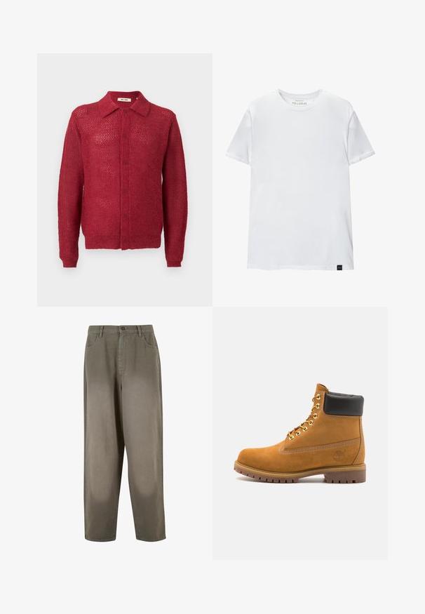 Rode gebreide cardigan met knoopsluiting aan de voorkant, kraag en geribde manchetten. Heeft een open weefpatroon en een relaxte pasvorm.; Witte spiergetailleerde t-shirt van katoen. Ronde hals, korte mouwen, gladde textuur. Klein zwart logo-label aan de zoom. Eenvoudig ontwerp.; Lichtgroene, wijde broek van zacht materiaal. Voorzien van een knoopsluiting, voorzakken en een overall gladde textuur.; Tan suède enkelboot met zwart gevoerd kraagje, gouden metalen oogjes, witte stikdetails en een robuuste rubberen zool met uitgesproken profiel.