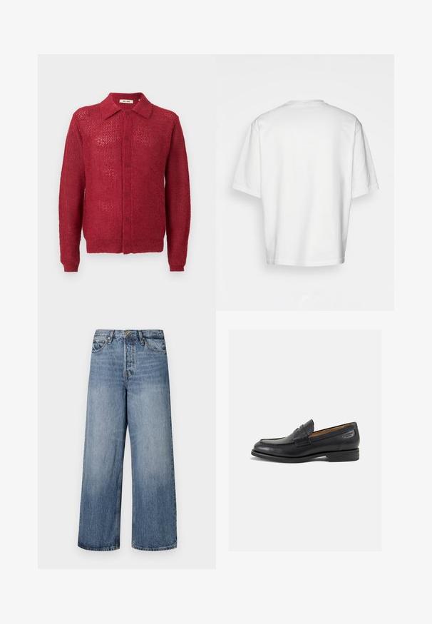 Piros kötött kardigán gombos elejével, gallérral és bordázott mandzsettával. Nyitott szövésű mintával és laza fittekkel rendelkezik.; Fehér, rövidujjú póló, laza szabással, kerek dekoltázzsal, sima pamut anyagból, díszítés nélküli hátrésszel, egyenes szegéllyel, minta és kiegészítők nélkül.; Széles lábú kék farmernadrág, elhalványodott mosással, öt zsebbel és gombos zárással. Övhurkokkal és steppelt részletekkel ellátva.; Fekete bőr loaferek sima felülettel, lekerekített orral és díszítő varrással a lábfejen. Alacsony, réteges sarkú és enyhe fényű.