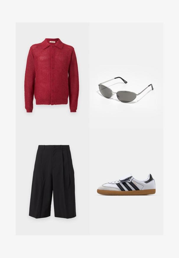 Crvena pletena kardigan jakna s gumbima sprijeda, ovratnikom i rebrastim rukavima. Ima otvoreni uzorak i opušteni kroj.; Bijela pamučna majica kratkih rukava, s okruglim izrezom i opuštenim krojem. Glatka tekstura bez vidljivih uzoraka ili ukrasa.; Crne plisirane kratke hlače od tkanine glatke teksture, s prednjim kopčanjem na gumb i širokim, labavo krojenim nogavicama.; Bijele kožne tenisice s crnim prugama i sivim detaljima, s okruglim vrhom i gumiranim potplatom. S čičak trakom i vezanjem.; Naočale s modernim srebrnim metalnim okvirom, sivo zaštićenim lećama i aerodinamičnim dizajnom sa oštrim ivicama i tankim nogicama.