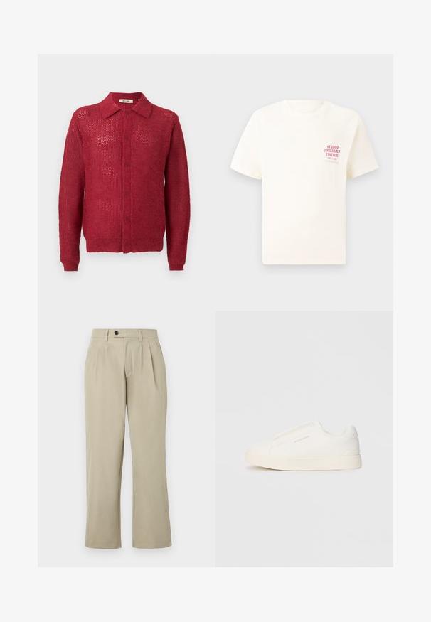 Piros kötött kardigán gombos elejével, gallérral és bordázott mandzsettával. Nyitott szövésű mintával és laza fittekkel rendelkezik.; Fehér, rövid ujjú póló, bal mellen piros szöveggel "Studio Originals Edition", semleges szürke háttér előtt.; Változatos illeszkedésű bézs nadrág, amely redőkkel, gombos záródással, oldalsó zsebekkel és egyenes lábszárral rendelkezik. Simább anyag textúra.; Fehér slip-on sportcipők texturált felülettel, vastag talppal és minimalista dizájnnal. Az oldalon a márka logója található.