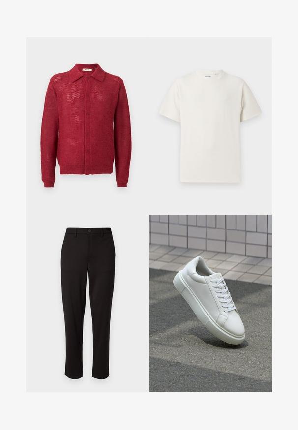 Puna neulepusero, jossa on nappikiinnitys, kaulus ja ribatut hihansuut. Sisältää avoimen kudontakuvion ja rento malli.; Valkoinen lyhythihainen T-paita ribbikuviossa. Pyöreä kaula-aukko, rento istuvuus, ei näkyviä kuvioita tai yksityiskohtia. Yksinkertainen ja monikäyttöinen muotoilu.; Mustat housut, jotka on valmistettu kevyestä kankaasta, suorat lahkeet, edessä nappikiinnitys, vyölenkit ja sivutaskut.; Valkoinen nahkainen lenkkari, jossa on sileä pinta, pyöreä kärki ja tasaiset valkoiset nauhat. Varustettu teksturoidulla kumi-pohjalla ja vähäisillä muotoiluelementeillä.