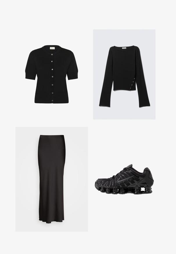 Czarny kardigan z krótkim rękawem wykonany z miękkiej dzianiny, z okrągłym dekoltem i sześcioma srebrnymi guzikami z przodu.; Czarna bluzka z długim rękawem, wykonana z gładkiego materiału, z dekoltem w łódkę, krótką długością oraz bocznym detalem z srebrnymi zatrzaskami.; Czarna, sięgająca podłogi satynowa spódnica o gładkiej fakturze, dopasowana w talii i w kształcie litery A, bez widocznych zdobień lub wzorów.; Czarne buty sportowe z siateczkową cholewką i połyskującymi detalami. Posiadają wyprofilowane poduszki pod nogami i teksturowane linie po boku. Widoczna logo Nike.