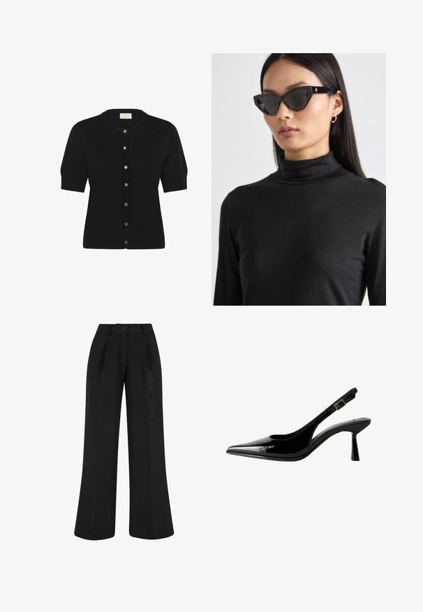 Svart kortärmad cardigan i mjukt stickat tyg, med rund halsringning och sex silverfärgade knappar framtill.; Svart kortärmad stickad topp med rund halsringning. Har en slät yta och en enkel design. Etikett synlig vid halsen.; Svarta vida byxor med framveck, tillverkade av en slät tyg. Har en knappstängning och en skräddarsydd design.; Svart lackläder slingback pumps med spetsig tå, urklippta sidor, justerbart vristband och en tunn, elegant klack.; Svarta cat-eye solglasögon med mörka linser, texturerade svarta bågar och subtila glitterdetaljer. Modellen bär en svart polotröja.; Guld digital klocka med rektangulärt urtavla, LCD-display, armband i rostfritt stål och knappar på sidan. Har en vattenresistent märkning.