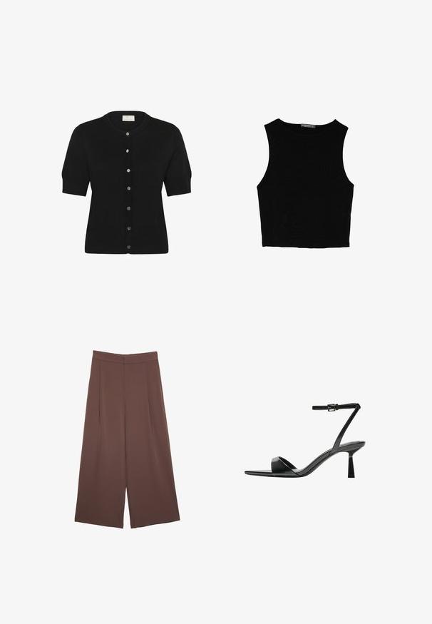 Črna kratkosleeve jopica iz mehkega pletenega materiala, z okroglim izrezom in šestimi srebrnimi gumbi spredaj.; Črn brez rokavov crop top, izdelan iz gladkega materiala, z okroglim izrezom in čistim, preprostim dizajnom brez vzorcev ali dodatkov.; Rjave široke hlače z gladko teksturo, ki imajo visok pas in sprednje naborke. Tkanina je lahka in prosto pada.; Bershka Sandali z visoko peto - black