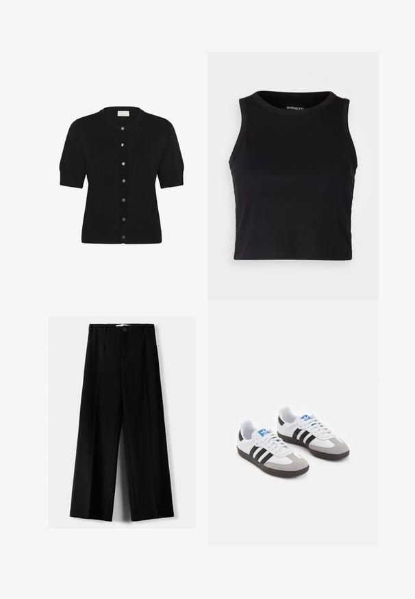 Sort kortærmet cardigan lavet af blødt strikstof, med en rund halsudskæring og seks sølvknapper foran.; Sort ribbet crop tank top med rund halsudskæring og ærmeløs design. Fremstillet af blødt, strækbart stof, med rene kantede kanter.; Sorte brede bukser lavet af letvægtsstof, med frontknaplukning og glat front, samt pænt syede kanter.; Sportsko med en overdel i hvid læder, grå ruskind på tåen og tre sorte striber. Har et blåt logo på tungen og en struktureret gummisål.