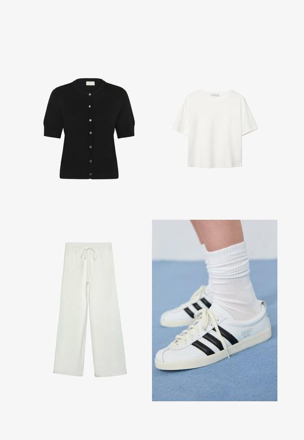 Sort kortærmet cardigan lavet af blødt strikstof, med en rund halsudskæring og seks sølvknapper foran.; Hvid kortærmet t-shirt lavet af bomuld. Har en rund halsudskæring og en afslappet pasform. Glat tekstur uden synlige mønstre eller detaljer.; Hvide bukser med bred ejer lavet af blødt stof. Har en elastisk talje med snor og en glat tekstur. Ingen synlige mønstre eller hardware.; Hvide lædersneakers med sorte striber, cremefarvet sål og lyse snørebånd. Båret med hvide ribbede sokker, placeret på blå baggrund.