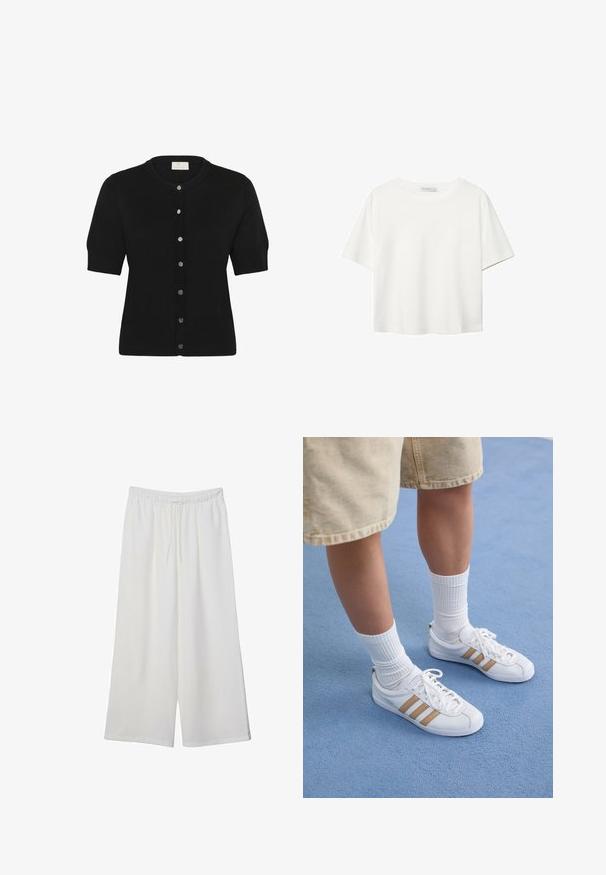 Black short-sleeve cardigan made of soft knit fabric, featuring a round neckline and six silver buttons along the front.; White short-sleeve t-shirt made of cotton. Features a crew neckline and a relaxed fit. Smooth texture with no visible patterns or accents.; White wide-leg trousers made of lightweight fabric, featuring an elastic waistband and a drawstring for adjustable fit. Smooth texture.; White sneakers with three gold stripes, lace-up design, rubber sole, worn with ribbed white socks and beige shorts on a blue surface.