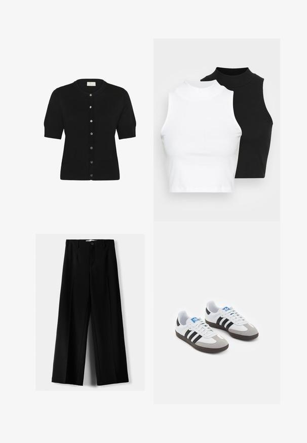 Cardigan scurt negru cu mânecă scurtă, realizat dintr-un material tricotat moale, având un guler rotund și șase nasturi argintii pe față.; Două bluze fără mâneci, cu guler înalt, în culorile negru și alb, având un design ajustat și o textură netedă, cu o lungime scurtă.; Pantaloni negri cu picior larg, fabricați dintr-un material ușor, cu închidere frontală cu nasture și față plată, având tivuri cusute cu atenție.; Încălțăminte sport cu un superior din piele albă, vârf din suede gri și trei dungi negre. Prezintă un logo albastru pe limbă și o talpă din cauciuc texturat.