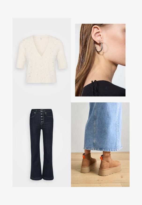 Krems krāsas īsām piedurknēm, V veida kakla apgrieze, izgatavota no mīksta materiāla, ar dekoratīviem pērļu un rhinestone rotājumiem un pogu aizdari.; Even&Odd Petite 2 PACK - Tops - light grey/black; Tumši zilas augsta vidukļa zvīņotas džinsa bikses ar pieciem sudraba pogām priekšpusē un kontrastējošu šuvju apdari ap kabatām un šuvēm.; Brūni zamšādas platforma zābaki ar elastīgiem sānu paneļiem un oranžām cilpām, apvienoti ar līdz ceļgaliem garu gaišā denima svārku uz koka grīdas.; Sudraba auskars ar pulētu apdari, ar maziem zelta akcentiem un apaļu formu, uz ausu ļipiņas.