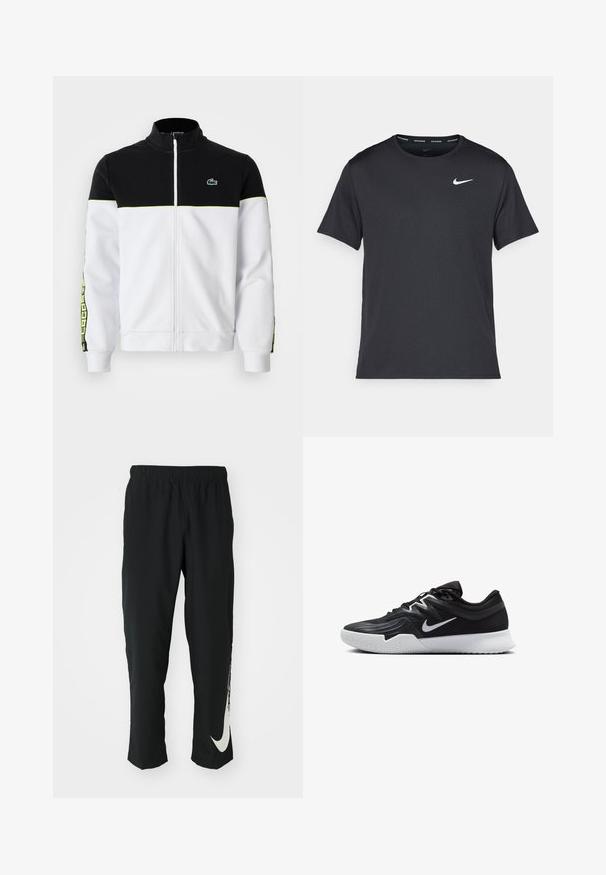 Jakna s polnim zadrgo z zgornjim delom v črni barvi, spodnjim delom v beli barvi, neonsko zelenimi detajli, vzorčastimi stranskimi črtami in majhnim zelenim krokodilom na prsih.; Črna tekaška majica Nike, izdelana iz lahkega in zračnega materiala, z kratkimi rokavi in majhnim belim logotipom na prsih.; Črne športne hlače z elastičnim pasom, zoženim dizajnom, s velikim belim logotipom Nike na levem hlačnici. Mehka, lahka tkanina.; Črne atletske čevlje z teksturirano zgornjico, belim Nike znakom in belim gumijastim zunanjim podplatom. Imajo vezalni dizajn in dinamično obliko.