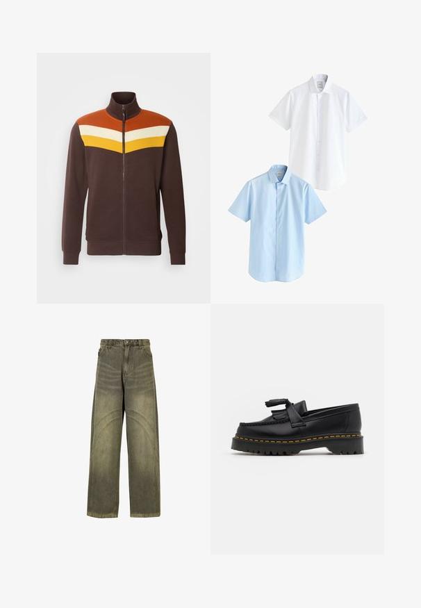 Rjava zip-up jakna z visokim ovratnikom, ki prikazuje geometrijski vzorec v oranžni, beli in rumeni barvi čez ramena. Gladka tekstura.; Dve majice s kratkimi rokavi: ena bela in ena svetlo modra. Obe imata gumbno zapiranje spredaj, ovratnik, gladko bombažno tkanino in standardni kroj.; Široke jeans hlače iz olivno zelene denima, s poudarjenimi šivi, klasičnim gumbom za zapiranje in izblečenim videzom.; Črne usnjene loafersice s kaširanim naglasom, z debelim črnim podplatom in rumenim šivom ob robu. Teksturirana površina.