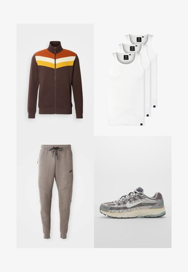 Giacca marrone con zip e colletto alto, caratterizzata da un design geometrico arancione, bianco e giallo sulle spalle. Texture liscia.; Tre canotte bianche a coste in cotone. Presentano un colletto rotondo e piccole etichette nere vicino all'orlo. Disponibile in diverse taglie.; Pantaloni sportivi Nike grigi con cintura regolabile, gambe affusolate, tasche laterali e dettagli di cucitura distintivi. Tessuto morbido e texture.; Scarpa sportiva grigia con tomaia in mesh e suede, dettagli bianchi, suola ammortizzata e un design distintivo con elementi riflettenti.