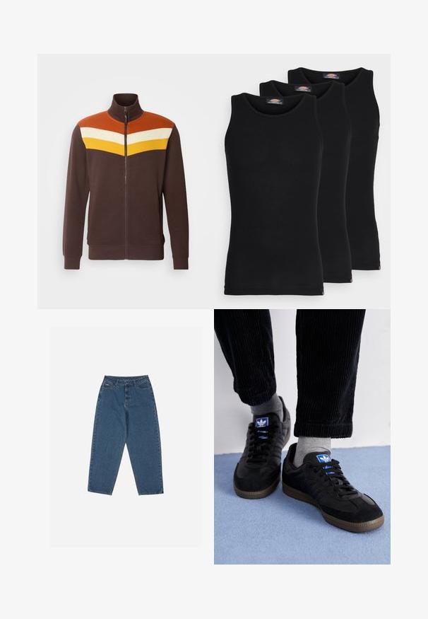 Brown zip-up jacket with a high collar, featuring a geometric design in orange, white, and yellow across the shoulders. Smooth texture.; Black tank tops in a pack of three. Ribbed texture, standard crew neckline, no sleeves. Hem features small brand logo at the bottom.; Blue denim jeans with a relaxed fit, high waist, five-pocket design, and stitching accents. Features a button and zipper closure.; Black sneakers with suede and leather material, featuring a blue logo and brown rubber sole. Paired with gray socks and corduroy pants.