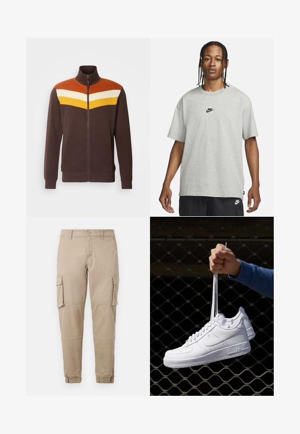 Veste marron zippée avec un col haut, présentant un design géométrique en orange, blanc et jaune sur les épaules. Texture lisse.; Jeune personne avec des cheveux tressés portant un t-shirt Nike gris clair et un short Nike noir sur un fond blanc uni.; Pantalons cargo beiges en coton léger. Comprend des poignets élastiques, plusieurs poches latérales et une fermeture à bouton.; Baskets en cuir blanc avec perforations, à bout rond, semelle plate et lacets épais, arborant un logo swoosh visible et "AIR" sur le talon.