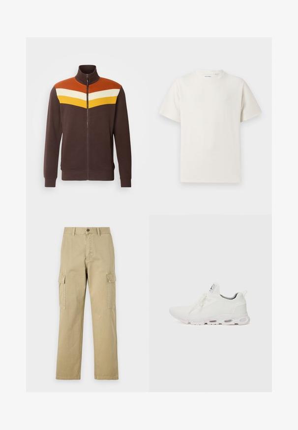 Veste marron zippée avec un col haut, présentant un design géométrique en orange, blanc et jaune sur les épaules. Texture lisse.; T-shirt blanc à manches courtes en texture côtelée. Encolure ronde, coupe décontractée, sans motifs ni accents visibles. Design simple et polyvalent.; Pantalons cargo beiges en coton, dotés de deux poches latérales, d'une fermeture à bouton et de jambes droites avec un tissu légèrement texturé.; Baskets blanches de sport avec un dessus en maille texturée, des lacets plats et une semelle rembourrée avec des chambres à air visibles pour un soutien supplémentaire.