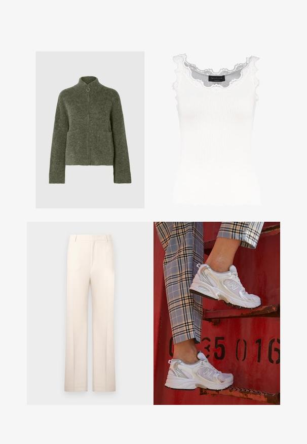 Oliven grøn, fuzzy zip-up sweater med høj krave, to forlommer og lange ærmer. Ribbet manchetter og kant tilføjer tekstur.; Hvid ribbet tanktop med blondekanter ved halsudskæringen og ærmerne. Har en blød tekstur og en tætsiddende pasform. Mærket er synligt indeni.; Beige skræddersyede bukser med lige ben, lavet af letvægtsstof. Har frontfolder og en klassisk talje.; Hvide mesh sneakers med sølvdetaljer og en struktureret sål, placeret på en rød overflade, parret med ternede bukser.