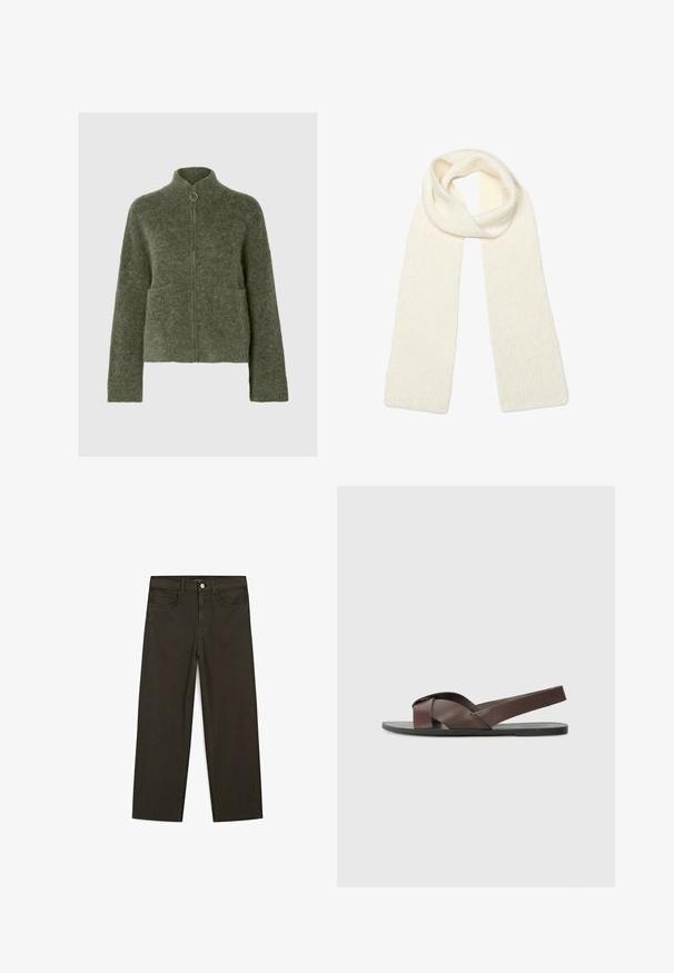 Olivgrüner, flauschiger Reißverschluss-Pullover mit hohem Kragen, zwei Fronttaschen und langen Ärmeln. Strukturierte Rippbündchen und Saum verleihen Textur.; Ärmelloses, dunkelbraunes Cashmere-Top mit Rundhalsausschnitt, flach ausgelegt.; Dunkelgrüne Jeans im weit geschnittenen Style, hergestellt aus einem Baumwollgemisch. Sie verfügen über einen Frontknopfverschluss, fünf Taschen und klassische Denim-Nähte.; Braune Ledersandale mit einem Kreuzriemen-Design, flacher schwarzer Sohle und verstellbarem Rückriemen. Glatte Textur und minimale Hardware-Details.; Weiche, gestrickte cremeweiße Schal, locker oben gefaltet, mit beiden Enden, die gerade nach unten hängen.