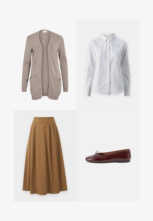 Langer beiger Cardigan mit offenem Vorderteil, strukturiertem Strickstoff, zwei frontalen Taschen und gerippten Bündchen. Keine Verschlüsse oder Verzierungen vorhanden.; Weißes Hemd mit Knöpfen, aus glattem Baumwollstoff, mit klassischem Kragen, langen Ärmeln und abgerundetem Saum. Die Knöpfe sind klein und weiß.; Brauner Baumwoll-A-Linien-Rock mit hoher Taille, der vorne Falten aufweist und eine glatte Textur hat. Der Saum ist sauber und einfach verarbeitet.; Burgunderfarbenes, lackiertes Ballettschuh mit abgerundetem Zehenbereich, kleiner Schleifenakzent vorne und einer niedrigen, schwarzen Gummisohle. Glatte Textur.