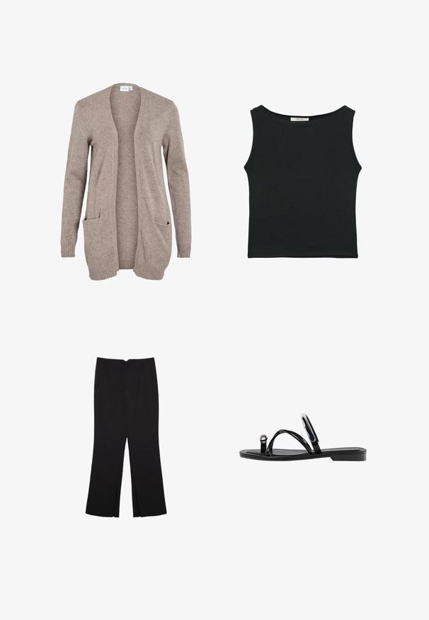 Dlhý béžový kardigán s otvoreným predným dielom, textúrovaná pletenina, dve predné vrecká a rebrované manžety. Bez zapínania alebo ozdôb.; Čierny bezrukávový top vyrobený z hladkej tkaniny, s okrúhlym výstrihom a priliehavým strihom bez viditeľných vzorov alebo ozdôb.; Čierne nohavice so strihom rovného strihu, s prednými vreckami a bočnými rozparkami na leme. Vyrobené z mäkkej, hladkej tkaniny. Vhodné na rôzne príležitosti.; Čierne ploché sandále s lesklým povrchom, tromi tenkými popruhmi a okrúhlou kovovou ozdobou na prste. Elegantný dizajn s minimálnym podpätkom.
