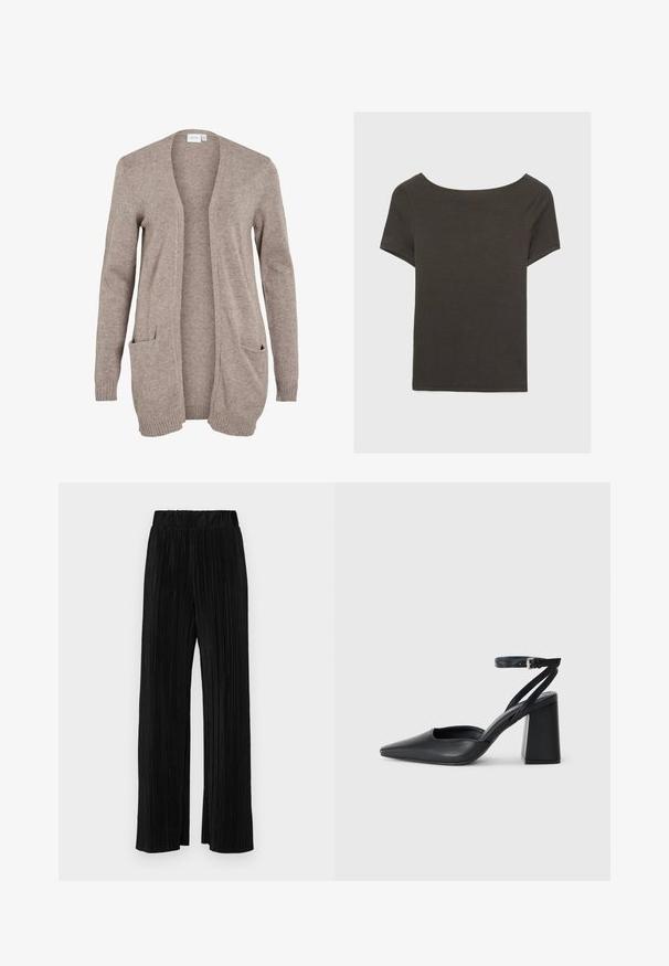 Dlhý béžový kardigán s otvoreným predným dielom, textúrovaná pletenina, dve predné vrecká a rebrované manžety. Bez zapínania alebo ozdôb.; Tmavošedý top s krátkym rukávom a lodičkovým výstrihom. Vyrobený z rebrovanej látky, s voľným strihom a čistým lemovaním. Jednoduchý dizajn, bez vzorov.; Čierne plisované nohavice s elastickým pásom. Majú široké nohavice a hladkú, textúrovanú látku s vertikálnymi pruhmi.; Čierne kožené lodičky s špicatou špičkou a členkovým remienkom, s masívnym podpätkom. Hladký povrch, elegantný dizajn a minimalistická estetika.