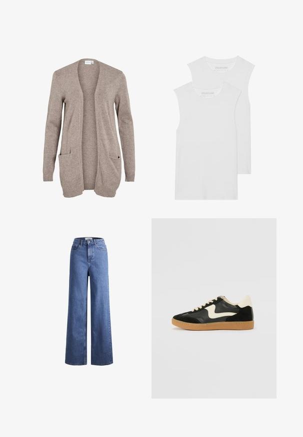 Larga chaqueta beige con apertura frontal, tejido de punto texturizado, dos bolsillos delanteros y puños de canalé. Sin cierres ni adornos presentes.; Dos camisetas sin mangas blancas hechas de suave tela de algodón, con un escote redondeado y sin patrones ni elementos metálicos visibles.; Jeans de mezclilla de tiro alto, de pierna ancha, en azul claro, con dos bolsillos delanteros y costuras visibles. Cuentan con un cierre de botón y cremallera.; Zapatillas de deporte de ante y cuero negro con un swoosh lateral en crema y un talón en crema claro. Presenta cordones beige y una suela de goma marrón.