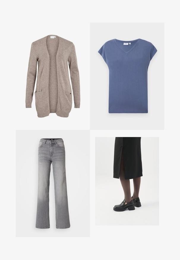 Cardigan longo bege com frente aberta, tecido de malha texturizada, dois bolsos frontais e punhos canelados. Sem fechos ou adornos presentes.; T-shirt de gola em V, de mangas curtas, numa cor azul suave, feita de um material de algodão macio com uma textura lisa e um corte descontraído.; Jeans de ganga cinzentos de cintura alta e corte reto, com botão e fecho à frente, bolsos dianteiros e traseiros, e desbaste nas coxas e panturrilhas.; Sapatos de couro pretos com bico arredondado, salto bloco grosso e detalhes elásticos laterais, combinados com meias escuras e uma saia preta com uma abertura.