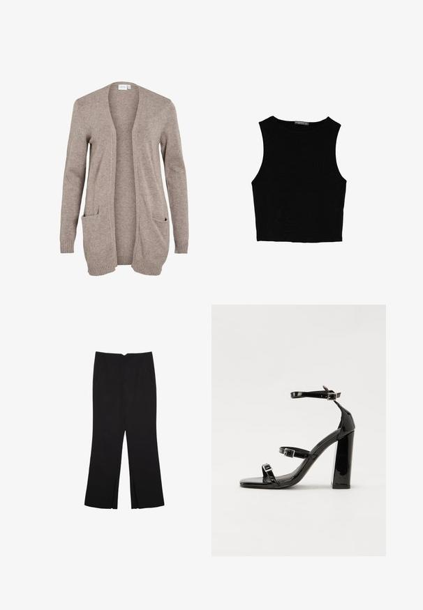 Dlouhý béžový svetr s otevřeným předním dílem, texturovaná pletenina, dvě přední kapsy a žebrované manžety. Není přítomno žádné zapínání ani ozdoby.; Černý bezsleeve crop top vyrobený z hladké tkaniny, s kulatým výstřihem a čistým, jednoduchým designem bez vzorů nebo kovových doplňků.; Černé kalhoty s rovným střihem, s předními kapsami a bočními rozparky na lemu. Vyrobené z jemné, hladké tkaniny. Vhodné na různé příležitosti.; Černé lakované sandály na podpatku se čtveratou špičkou, lýtkovými pásky a stříbrnými přezkami. Disponují masivním blokovým podpatkem pro stabilitu.