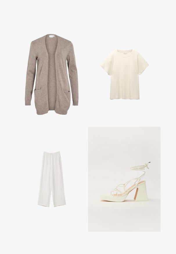 Dugi bež kardigan s otvorenim prednjim dijelom, teksturirana pletenina, dva prednja džepa i rebrasti rukavi. Nema zatvaranja niti ukrasa.; Svijetlo bež majica kratkih rukava s okruglim izrezom, izrađena od meke, glatke tkanine. Karakterizira je opušteni kroj i ravni rub.; Bijele hlače širokih nogavica napravljene od lagane tkanine. Imaju elastičan pojas s ušicom i bočne džepove. Glatka tekstura.; Bijela sandala na visokoj potpetici s debelim petom, s remenom i vezanjem oko gležnja. Glatka tekstura s platformom sprijeda za dodatnu visinu.