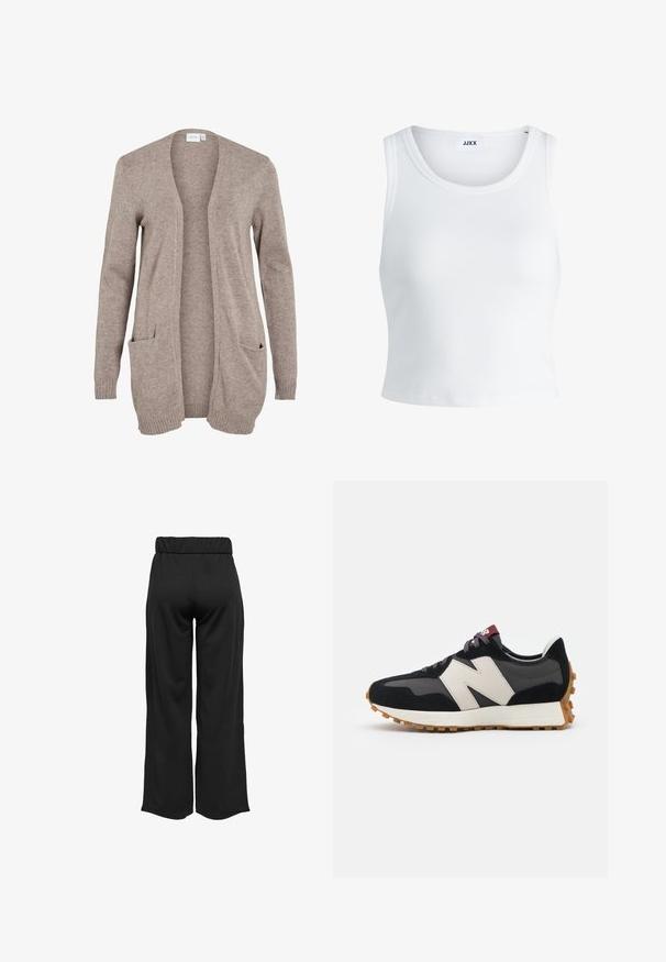 Dlouhý béžový svetr s otevřeným předním dílem, texturovaná pletenina, dvě přední kapsy a žebrované manžety. Není přítomno žádné zapínání ani ozdoby.; Bílý žebrovaný top na ramínka se kulatým výstřihem, bez rukávů a zkrácenou délkou. Název značky je "JJXX." Hladká struktura látky.; Černé široké kalhoty s elastickým pasem, vyrobené z hladkého materiálu. Disponují čistým designem bez kapes nebo viditelných švů.; Černé a šedé semišové tenisky s velkým krémovým logem "N", fialovými tkaničkami a strukturovanou gumovou podrážkou.