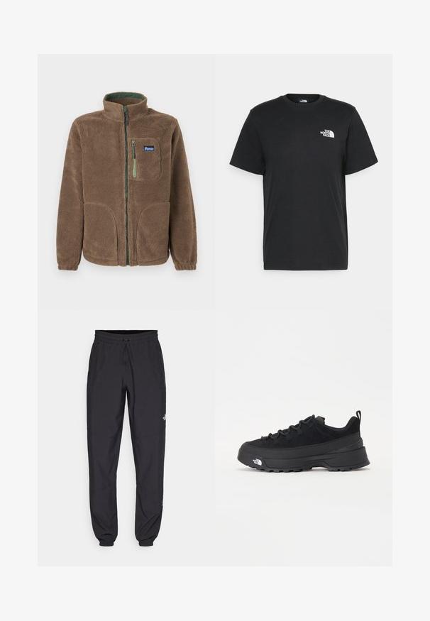 Giacca in pile marrone con zip completa, colletto alto, due tasche inferiori, una tasca sul petto con zipper verde e patch del logo Penfield.; T-shirt nera in cotone con maniche corte, colletto a giro, e un piccolo logo bianco sul lato sinistro del petto. Design semplice, texture liscia e vestibilità rilassata.; Pantaloni sportivi neri realizzati in tessuto leggero, con vita regolabile con cordino, tasche laterali e orli affusolati alle caviglie.; Sneaker da esterno nera con parte superiore in suede, suola in gomma testurizzata e robusto sistema di allacciatura. Presenta un tallone rinforzato e il logo del marchio sul lato.